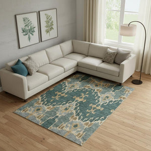 HomeRoots 9' X 12' Emerald Gold Gray Ikat Area Rug - Washable, UV Protected, Stylish & Durable for Homes 662980