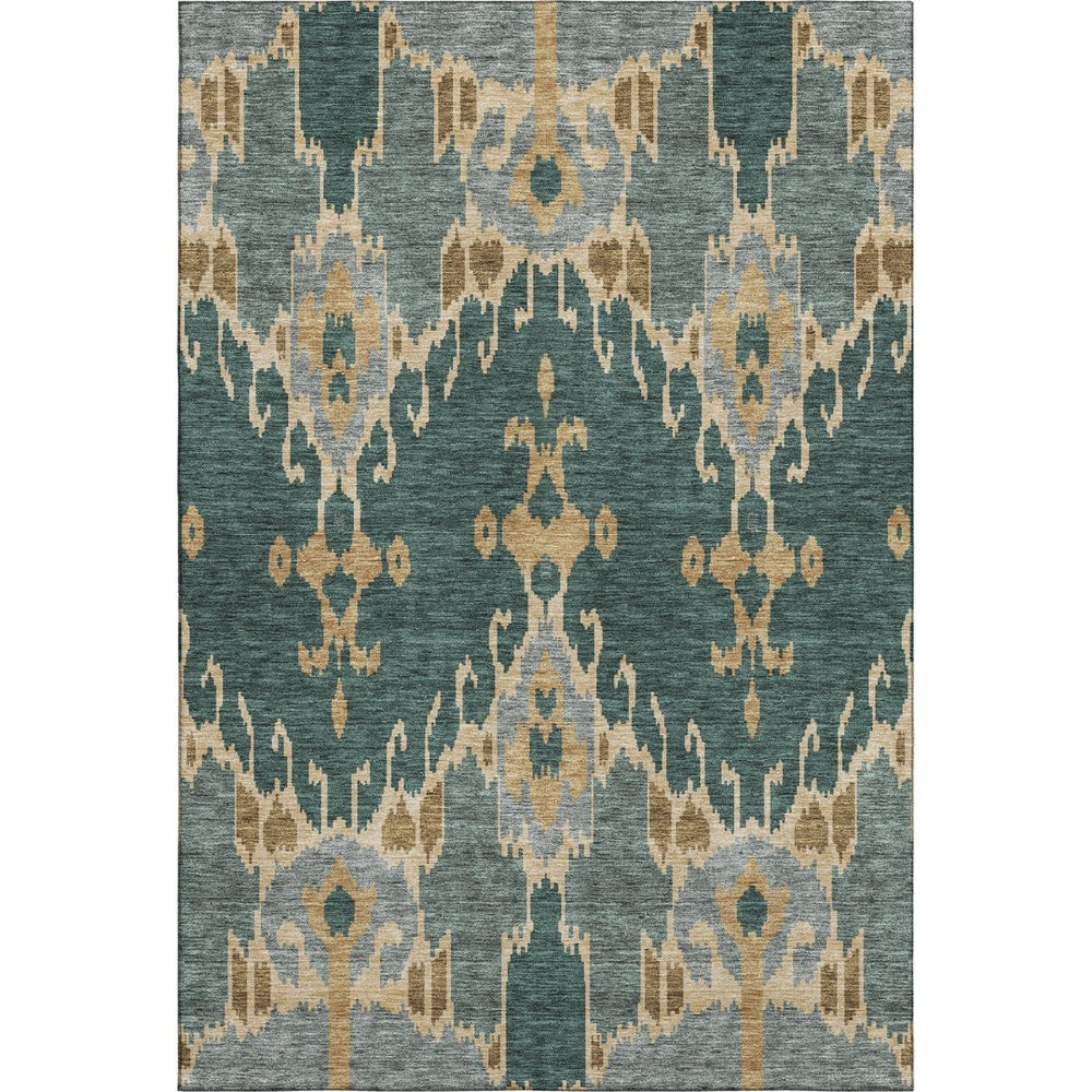 HomeRoots 9' X 12' Emerald Gold Gray Ikat Area Rug - Washable, UV Protected, Stylish & Durable for Homes 662980