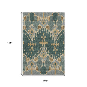 HomeRoots 9' X 12' Emerald Gold Gray Ikat Area Rug - Washable, UV Protected, Stylish & Durable for Homes 662980