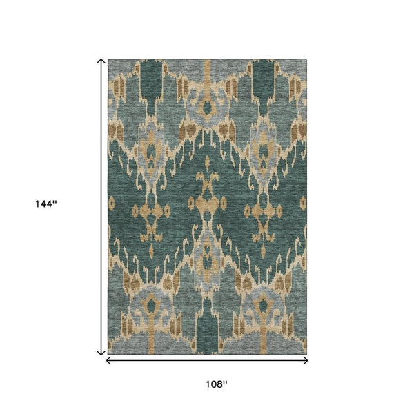 HomeRoots 9' X 12' Emerald Gold Gray Ikat Area Rug - Washable, UV Protected, Stylish & Durable for Homes 662980