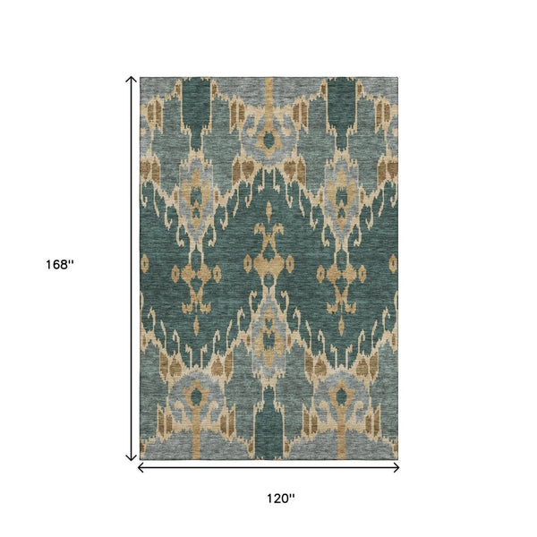 HomeRoots 10' X 14' Vibrant Emerald Gold Gray Ikat Area Rug - Washable, UV-Protected, Pet-Friendly Design! 662981