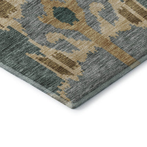 HomeRoots 10' X 14' Vibrant Emerald Gold Gray Ikat Area Rug - Washable, UV-Protected, Pet-Friendly Design! 662981
