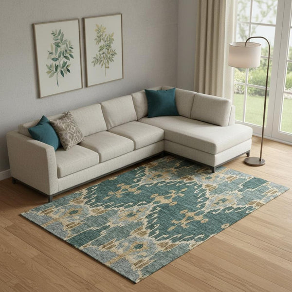 HomeRoots 10' X 14' Vibrant Emerald Gold Gray Ikat Area Rug - Washable, UV-Protected, Pet-Friendly Design! 662981