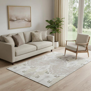 HomeRoots 5' X 8' Stylish Ivory Beige and Gray Ikat Washable Area Rug with UV Protection for Busy Homes 662989