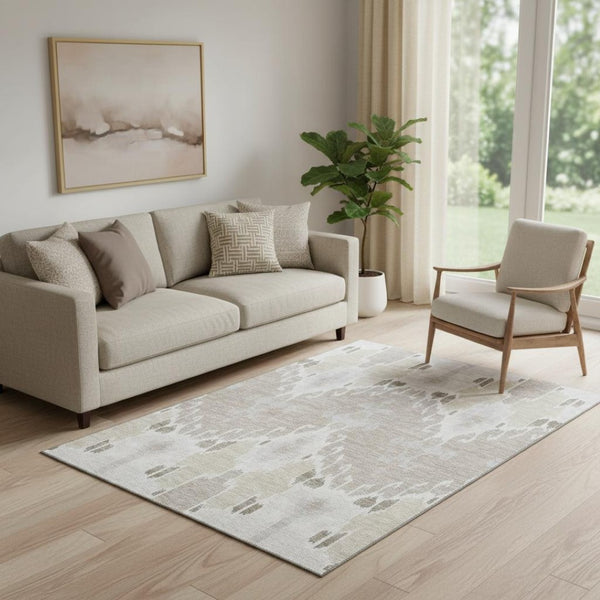 HomeRoots 5' X 8' Stylish Ivory Beige and Gray Ikat Washable Area Rug with UV Protection for Busy Homes 662989