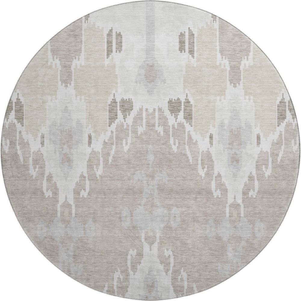 HomeRoots 8' Washable Round Rug in Ivory Beige and Gray Ikat Design with UV Protection for Cozy Spaces 662990