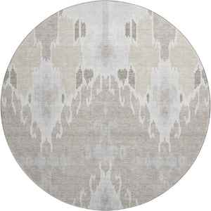 HomeRoots 8' Washable Round Rug in Ivory Beige and Gray Ikat Design with UV Protection for Cozy Spaces 662990