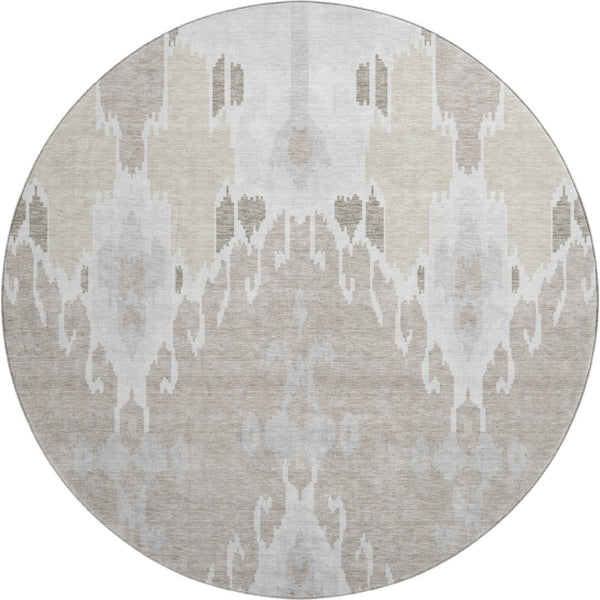 HomeRoots 8' Washable Round Rug in Ivory Beige and Gray Ikat Design with UV Protection for Cozy Spaces 662990