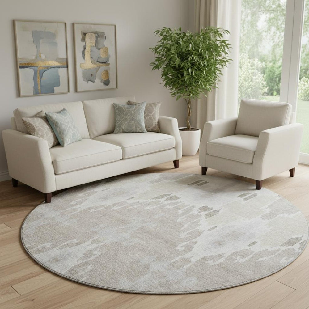 HomeRoots 8' Washable Round Rug in Ivory Beige and Gray Ikat Design with UV Protection for Cozy Spaces 662990