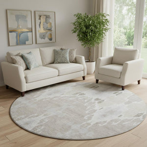 HomeRoots 8' Washable Round Rug in Ivory Beige and Gray Ikat Design with UV Protection for Cozy Spaces 662990
