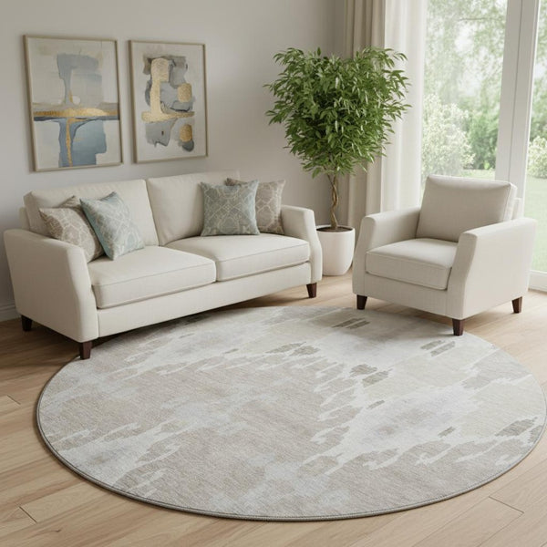 HomeRoots 8' Washable Round Rug in Ivory Beige and Gray Ikat Design with UV Protection for Cozy Spaces 662990