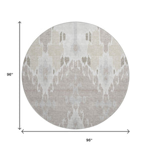 HomeRoots 8' Washable Round Rug in Ivory Beige and Gray Ikat Design with UV Protection for Cozy Spaces 662990