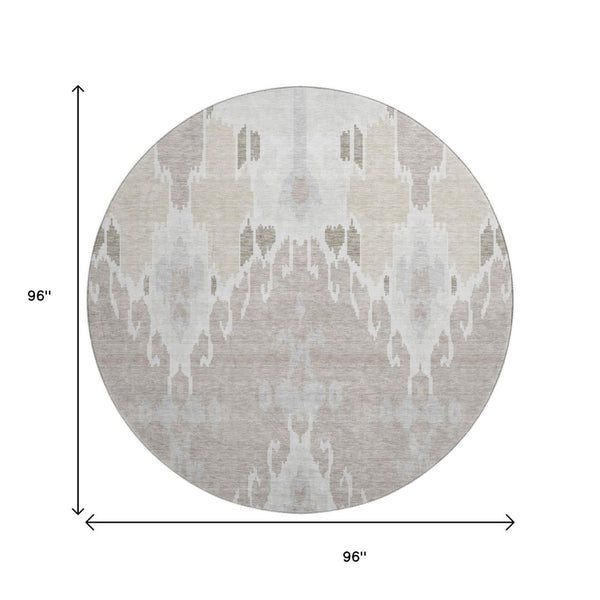 HomeRoots 8' Washable Round Rug in Ivory Beige and Gray Ikat Design with UV Protection for Cozy Spaces 662990