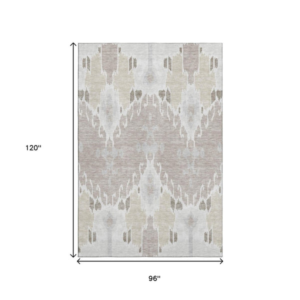 HomeRoots 8' X 10' Ivory Beige & Gray Ikat Washable Area Rug - Durable, UV-Protected, Stylish for High-Traffic Spaces 662991