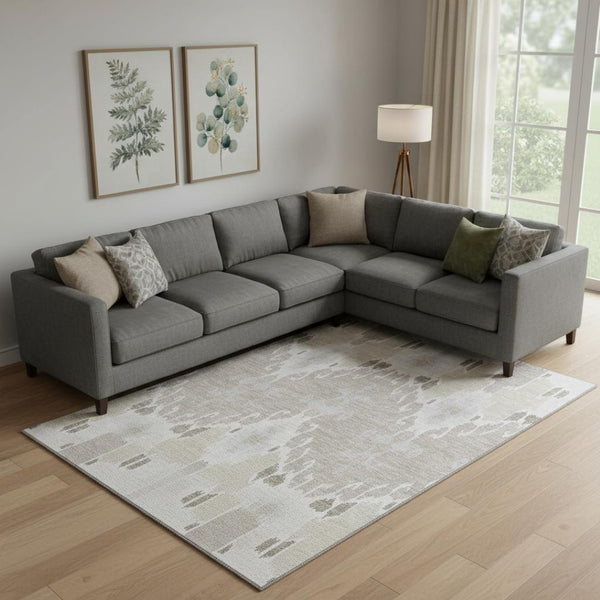 HomeRoots 8' X 10' Ivory Beige & Gray Ikat Washable Area Rug - Durable, UV-Protected, Stylish for High-Traffic Spaces 662991