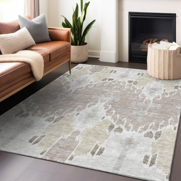 HomeRoots 8' X 10' Ivory Beige & Gray Ikat Washable Area Rug - Durable, UV-Protected, Stylish for High-Traffic Spaces 662991