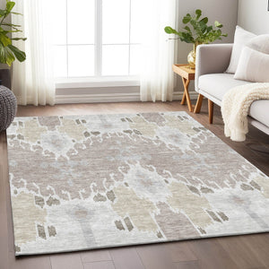 HomeRoots 10' X 14' Ivory Beige & Gray Ikat Area Rug - Stylish, Stain-Resistant, UV Protected for Modern Homes 662993