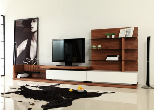VIG Furniture Jefferson Walnut & White High-Gloss Mid-Century Entertainment Center With Glass Shelves, Soft-Close Drawers, Reversible Configuration VGBB662N-WAL