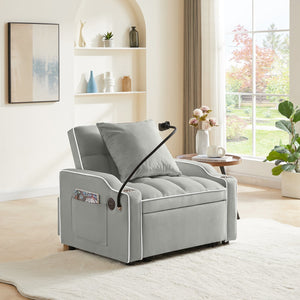 English Elm 3-in-1 Sofa Bed with USB & Cup Holders, Velvet Convertible Sleeper Chair with 3 Angles for Small Spaces Gray W1359P336107