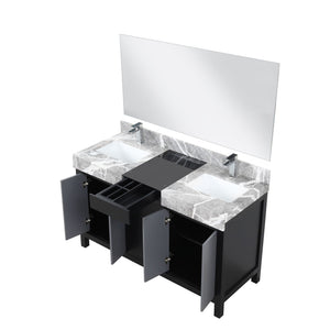 English Elm Black Double Bath Vanity 55" W With Castle Grey Marble Top, Chrome Faucet & 53" Mirror Included B2731S01028