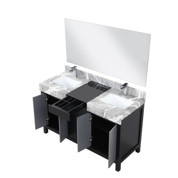 English Elm Black Double Bath Vanity 55" W With Castle Grey Marble Top, Chrome Faucet & 53" Mirror Included B2731S01028