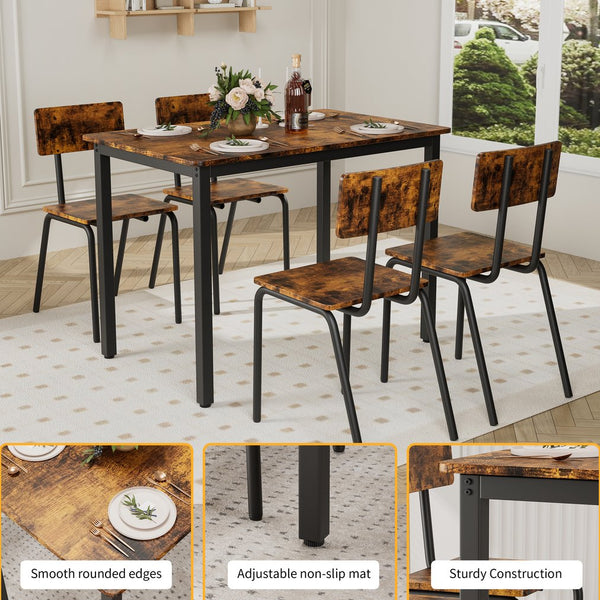 English Elm 5-Piece Modern Dining Set for Small Spaces — 43.3" MDF Top Table with Metal Frame and 4 Chairs, Easy Clean Brown W578133461