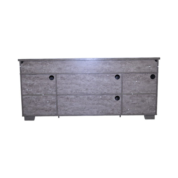 English Elm 65.3" TV Stand with LED Ambience, Sliding Iron Mesh Barn Doors, Y-Accent Rustic Farmhouse Storage Antique Gray W1412P271801