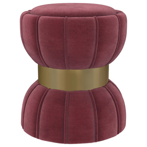 English Elm Inez Pink Flower Round Upholstered Ottoman with Gold Band, Plush Vertical Ribbed Fabric & Hourglass Chic B062P300019