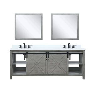 English Elm Ash Grey Double Bath Vanity 84" W x 22" D with White Quartz Top, Matte Black Faucets & 34" Mirrors B2731S01082