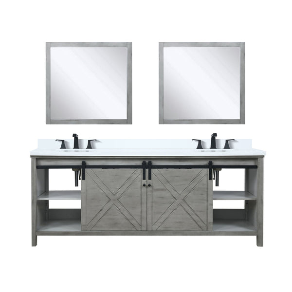 English Elm Ash Grey Double Bath Vanity 84" W x 22" D with White Quartz Top, Matte Black Faucets & 34" Mirrors B2731S01082