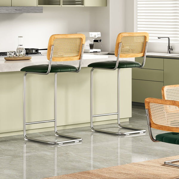 English Elm Counter Height Bar Stools Set Of 2 - Modern Green Pu Leather & Rattan Back Chairs For Kitchen Use T3623P360704