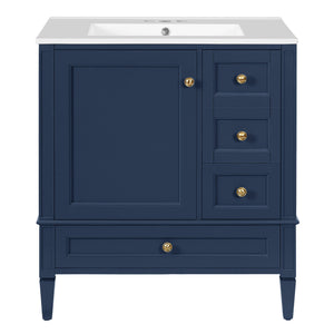 English Elm 30 30 Inch Bathroom Vanity with Ceramic Sink, Modern Compact 3-Drawer Storage Cabinet for Small Baths Blue N710P247499C