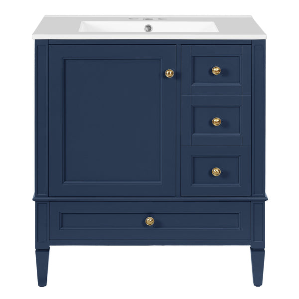 English Elm 30 30 Inch Bathroom Vanity with Ceramic Sink, Modern Compact 3-Drawer Storage Cabinet for Small Baths Blue N710P247499C