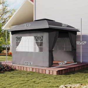 English Elm Outsunny 11x11 Steel Gazebo with Church Windows Two Tier Roof and Privacy Curtains W2225P485555
