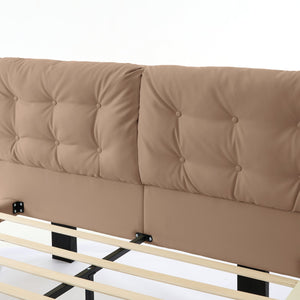 English Elm Christopher Knight Home® - Queen Plush Leather Upholstered Bed Frame with Wingback Headboard, Wavy Footboard, Quiet Support khaki 37.59 L x 32.25 W x 13 H N761S0000022M