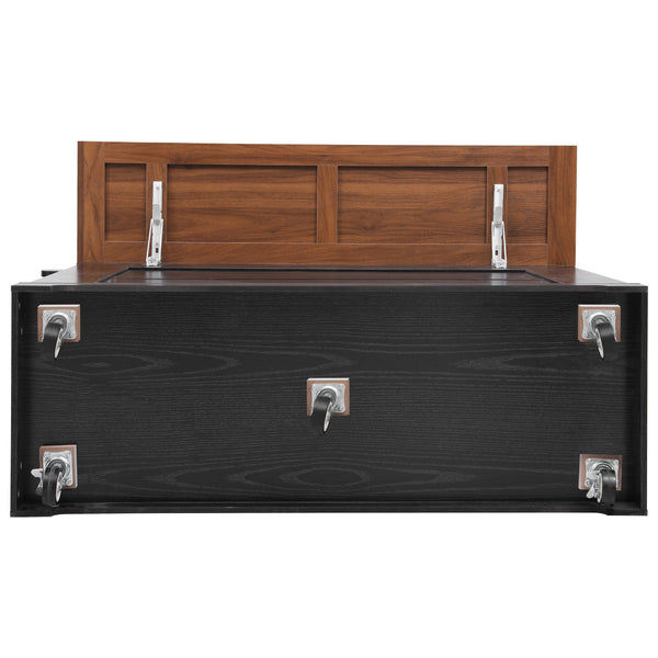 English Elm K&K 53" Farmhouse Kitchen Island with Drop Leaf, Tempered Glass Doors, Power Outlet, Rolling Cart Black N707P263637B