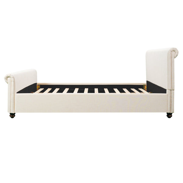 English Elm King Upholstered Bed Linen Fabric Rolled Headboard Rubberwood Legs Primary Bedroom Beige N757K384825I