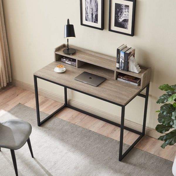 English Elm 47" French Oak Writing Desk with Hutch Matte Steel Frame Modern Home Office Storage W3151P352767