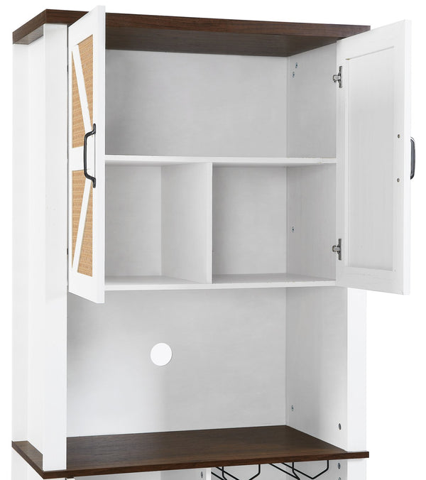 English Elm 76 Inch Tall Farmhouse Wine Cabinet with 12 Bottle Compartments, Faux Rattan 3D Doors, Shelves W2702P183952