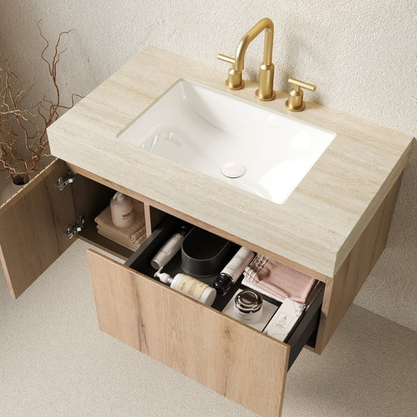 English Elm Muri Floating Bathroom Vanity Sintered Stone Top Plywood Cabinet White Oak Grain W2615S00611