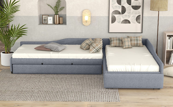 English Elm Upholstered Twin Daybed with Pull Out Trundle Linen Blend Sofa Style Studio Bed Gray GX001316AAE