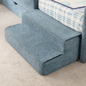 English Elm Twin Boucle Upholstered Kids Bed with Guardrails Built in Storage and Cushioned Step Stool Navy W1413P433366