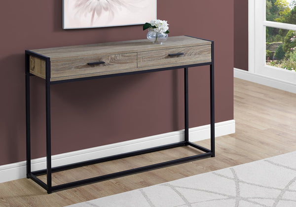 English Elm Accent Table with Storage Drawer and Glass Shelf, Modern Metal Frame End Table for Living Room Bedroom taupe 50 L x 15 W x 6 H B2710P219319