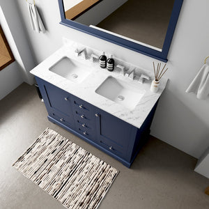 English Elm Navy Double Bath Vanity 48" W x 22" D — Solid Wood 2-Cabinet 6-Drawer Vanity, Soft-Close, Open Shelf, Fully Assembled B2731P258186