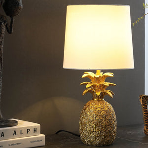 English Elm 17" Golden Brass Pineapple Lamp with White Linen Drum Shade, 17" Table Lamp, Polyresin Accent Light B072116610