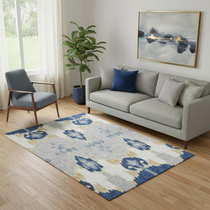 HomeRoots 5' X 8' Stylish Ikat Area Rug in Navy, Gold & Ivory - Washable, UV-Protected & Stain-Resistant Design 663001