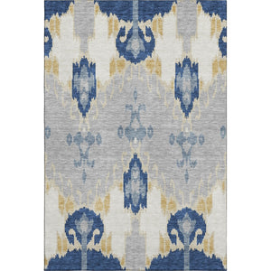HomeRoots 5' X 8' Stylish Ikat Area Rug in Navy, Gold & Ivory - Washable, UV-Protected & Stain-Resistant Design 663001