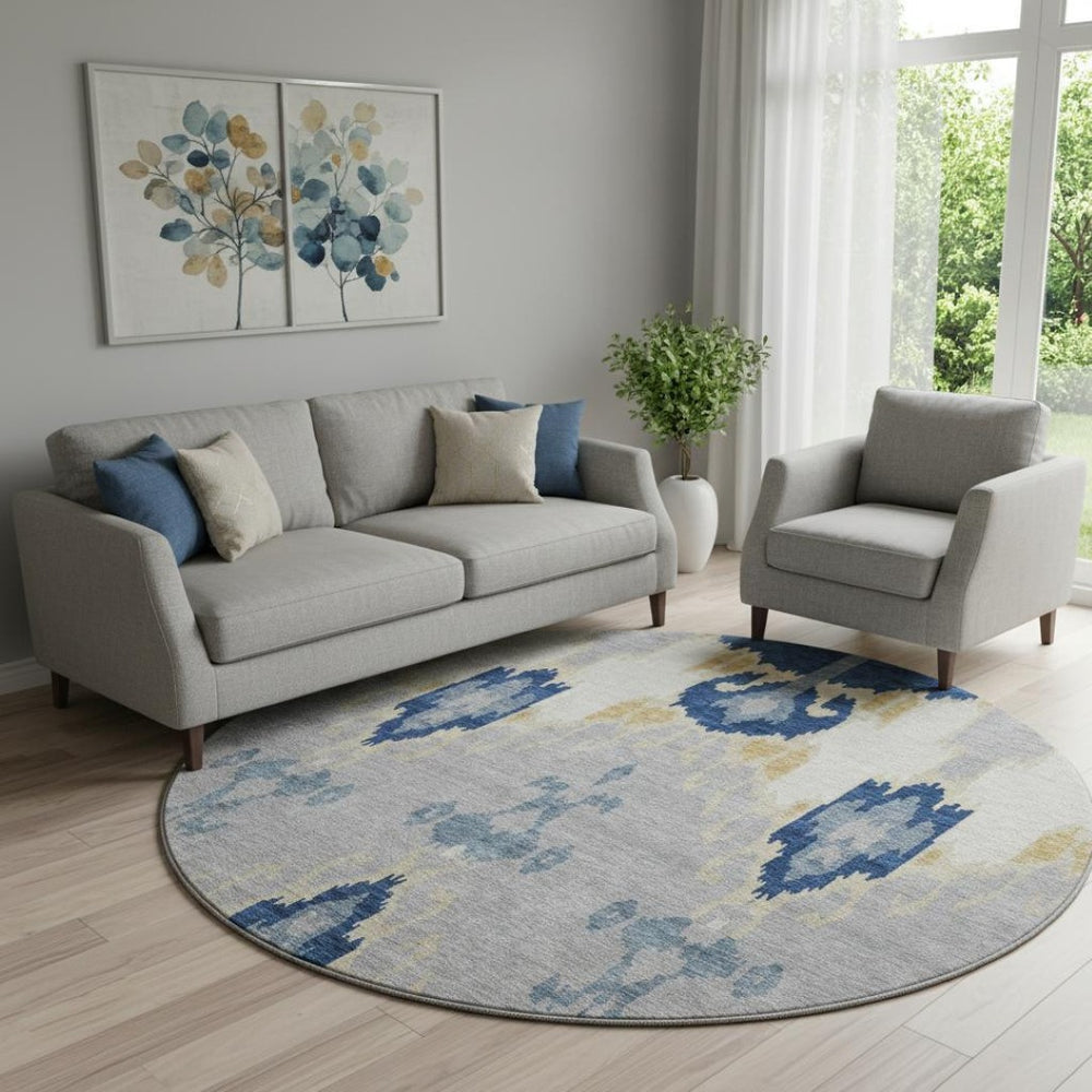HomeRoots 8' Navy Blue Gold Ikat Washable Round Rug – Durable, Stain-Resistant, UV Protected for Family Spaces 663002