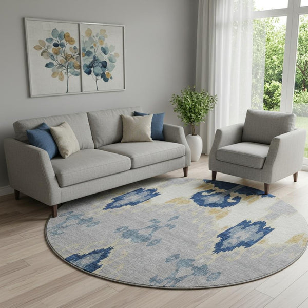 HomeRoots 8' Navy Blue Gold Ikat Washable Round Rug – Durable, Stain-Resistant, UV Protected for Family Spaces 663002