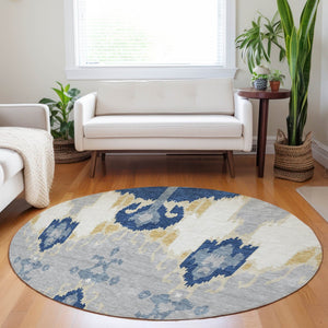 HomeRoots 8' Navy Blue Gold Ikat Washable Round Rug – Durable, Stain-Resistant, UV Protected for Family Spaces 663002